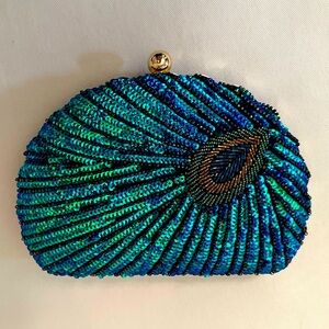 Blue & green peacock feather sequin clutch bag, NWOT